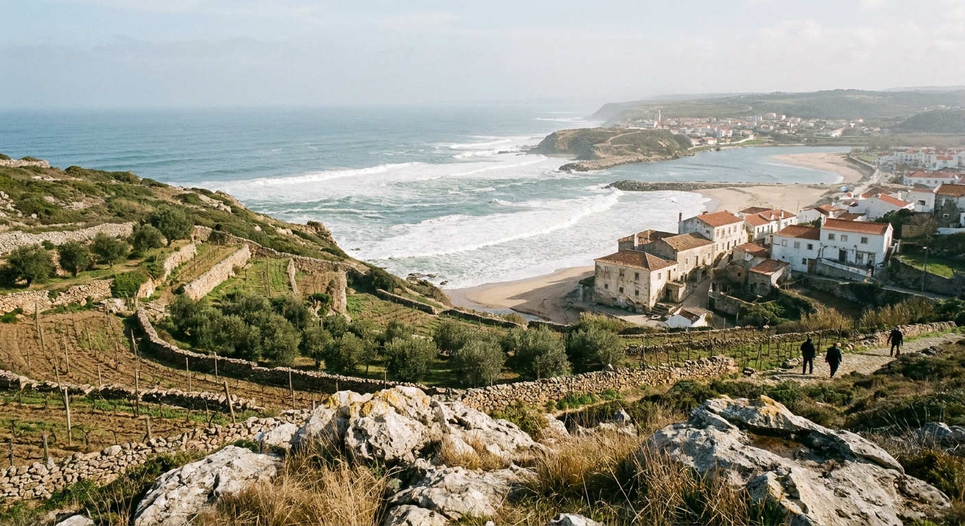 A rocky point with terraced slopes above a surf break north of a Portuguese coastal town