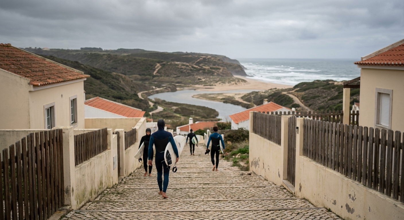 Surfers carrying boards down a stepped cliff path to a beach north of Ericeira under a gray autumn sky