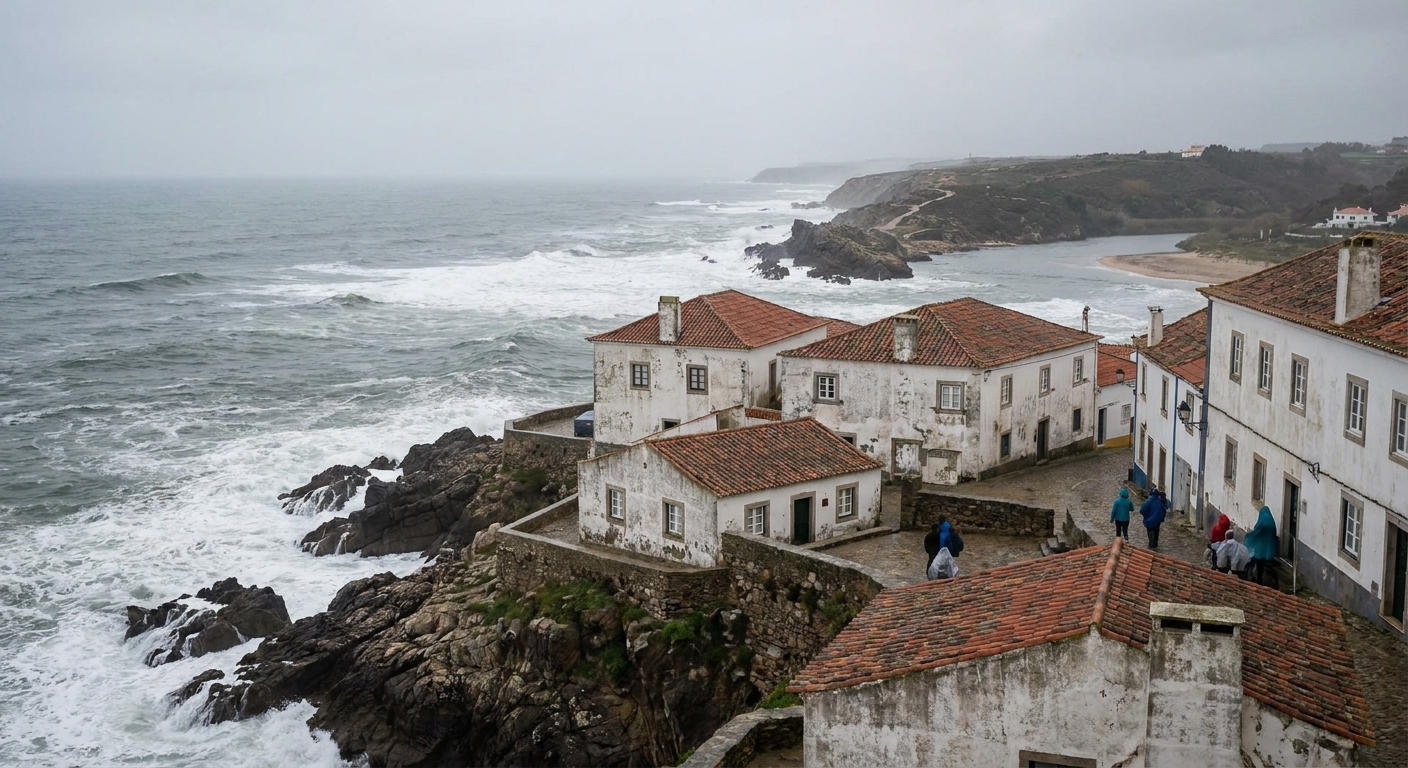 Waves breaking on a rocky point below whitewashed houses in Ericeira on an overcast day