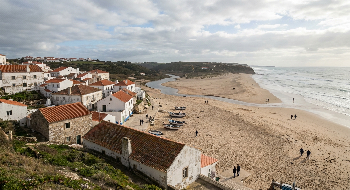Wide Atlantic beach below the white houses of Ericeira under a mix of sun and cloud