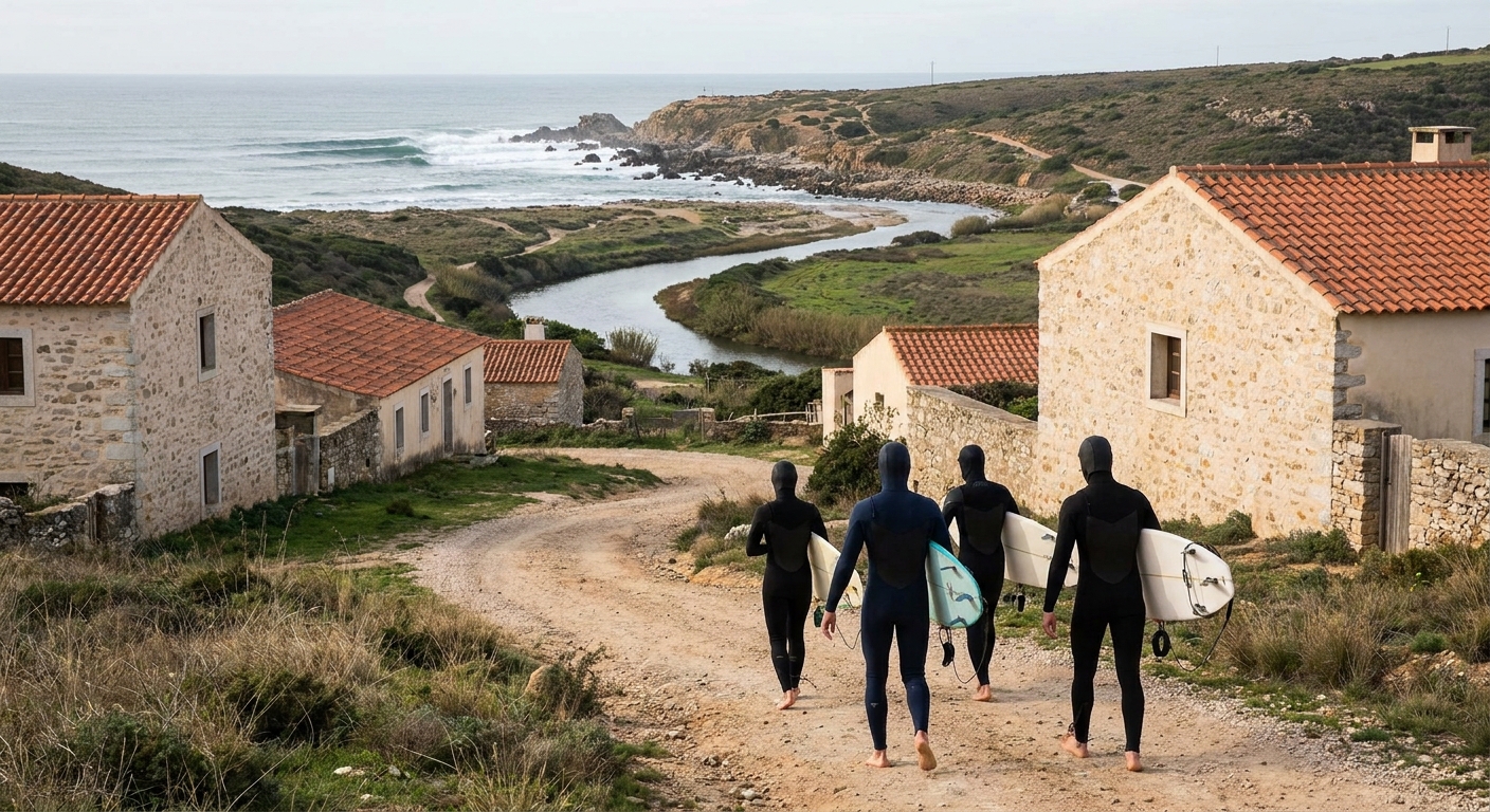 Surfers carrying boards down a dirt track toward a rocky point break north of Ericeira