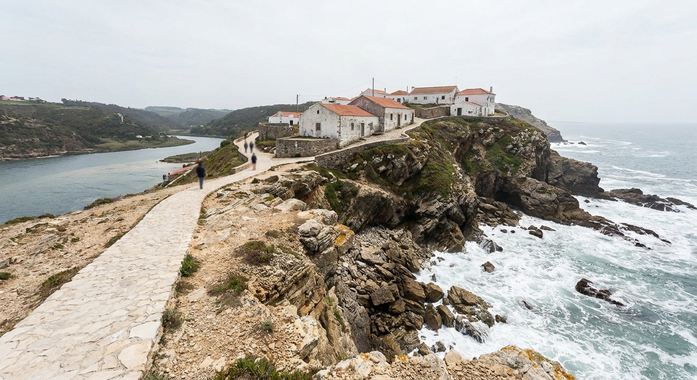 Waves breaking below a cliff path at Ericeira with low white houses on the headland above