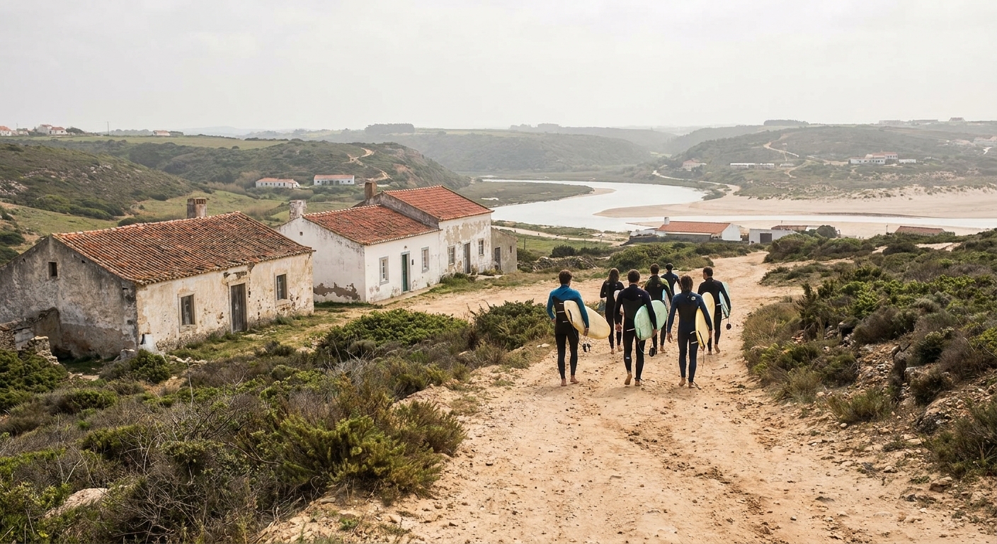 Surfers carrying boards down a sandy track toward a beach north of Ericeira