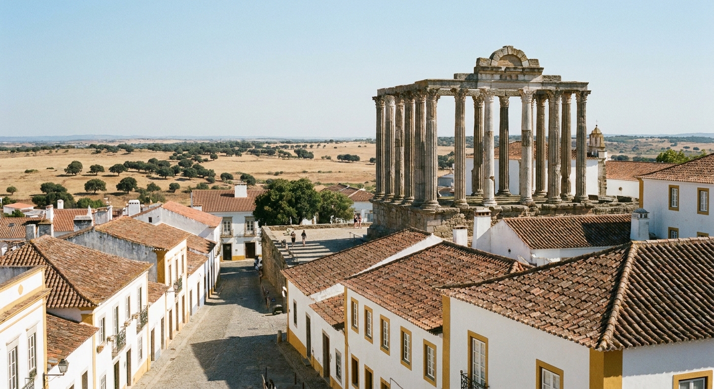 Granite columns of the Roman temple above whitewashed houses in Évora under spring light