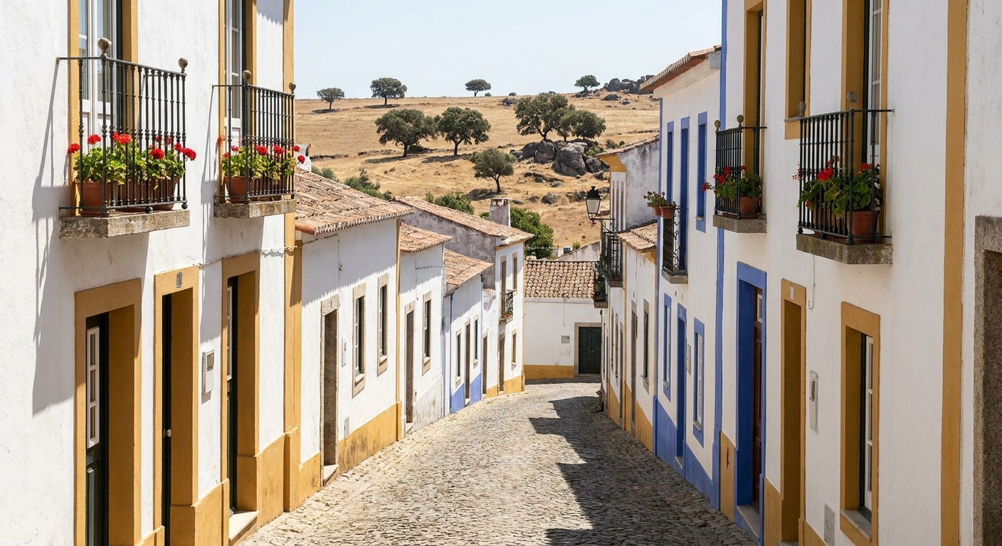 Narrow medieval street of low whitewashed houses with iron balconies in Évora