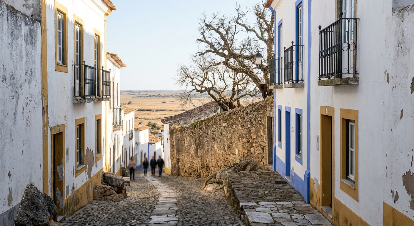 Whitewashed houses and the granite columns of the Roman temple in Évora under low winter sun