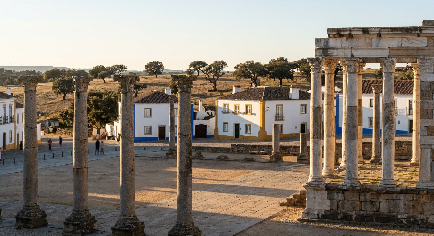 Narrow street of low whitewashed houses with wrought-iron balconies and tiled roofs in Évora