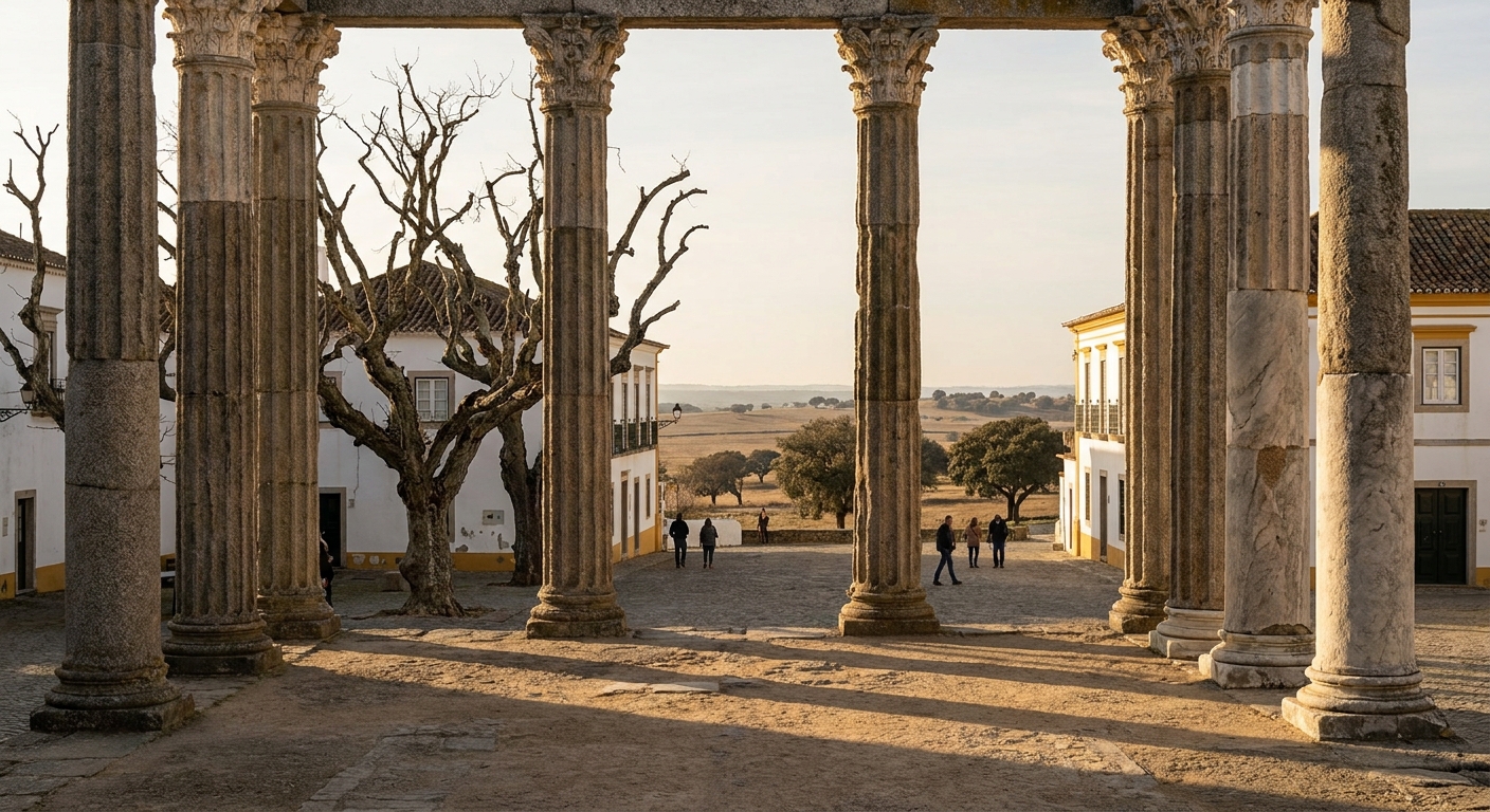The Roman temple columns in Évora under a low winter sun with bare branches behind