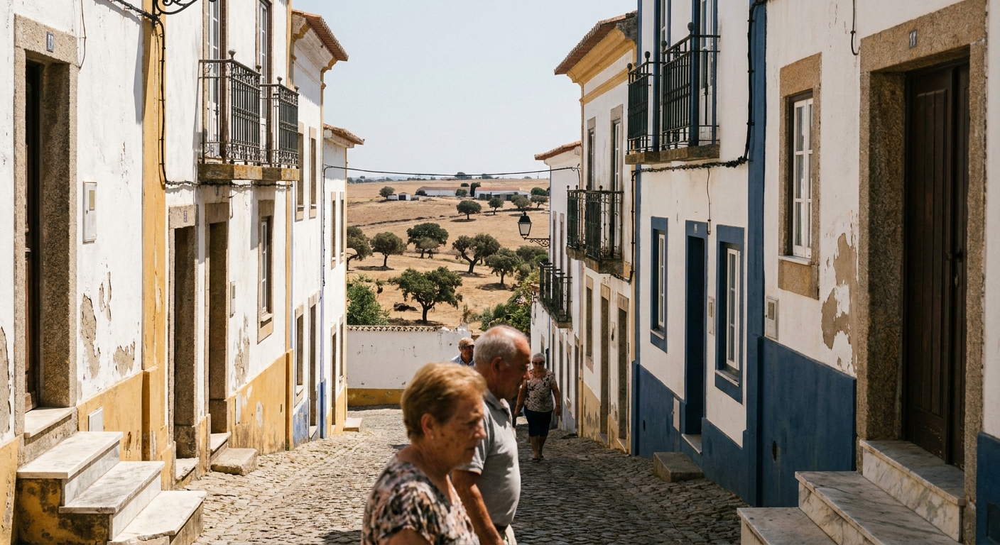 A narrow street of low whitewashed houses with wrought-iron balconies in Évora