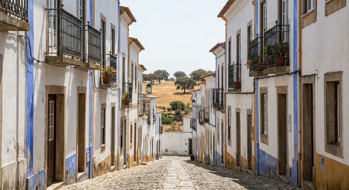 Roman temple ruins with granite columns standing in an open square in Évora under a clear sky