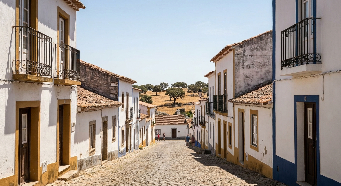 Roman columns of a ruined temple standing on a square in a whitewashed town
