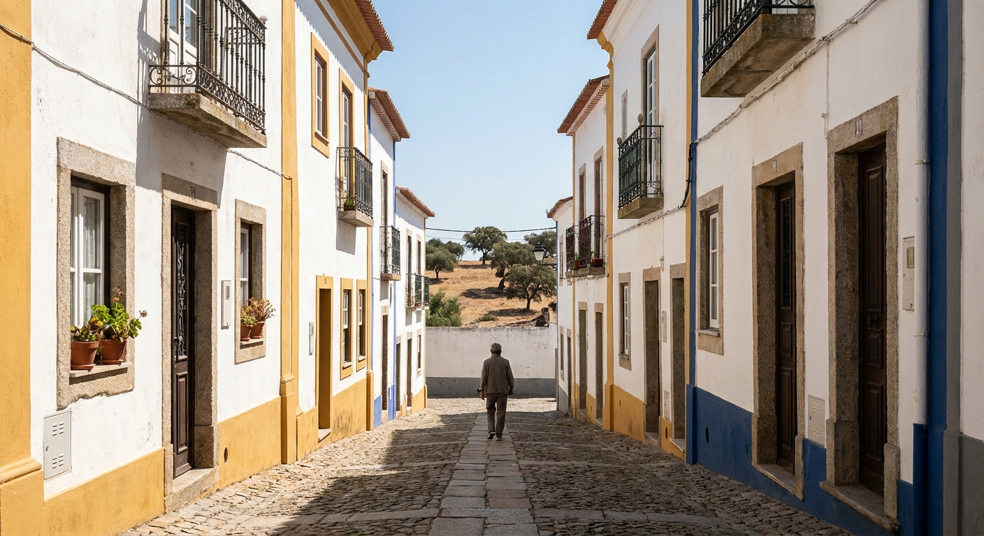 Low whitewashed houses with wrought-iron balconies along a narrow street in Évora