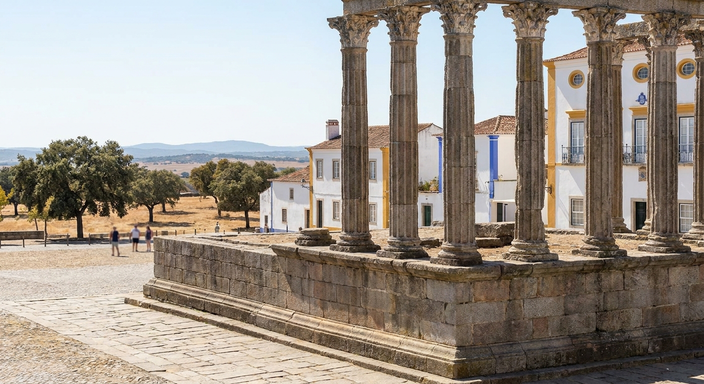 Roman temple columns standing on an open square in Évora under a low autumn sun