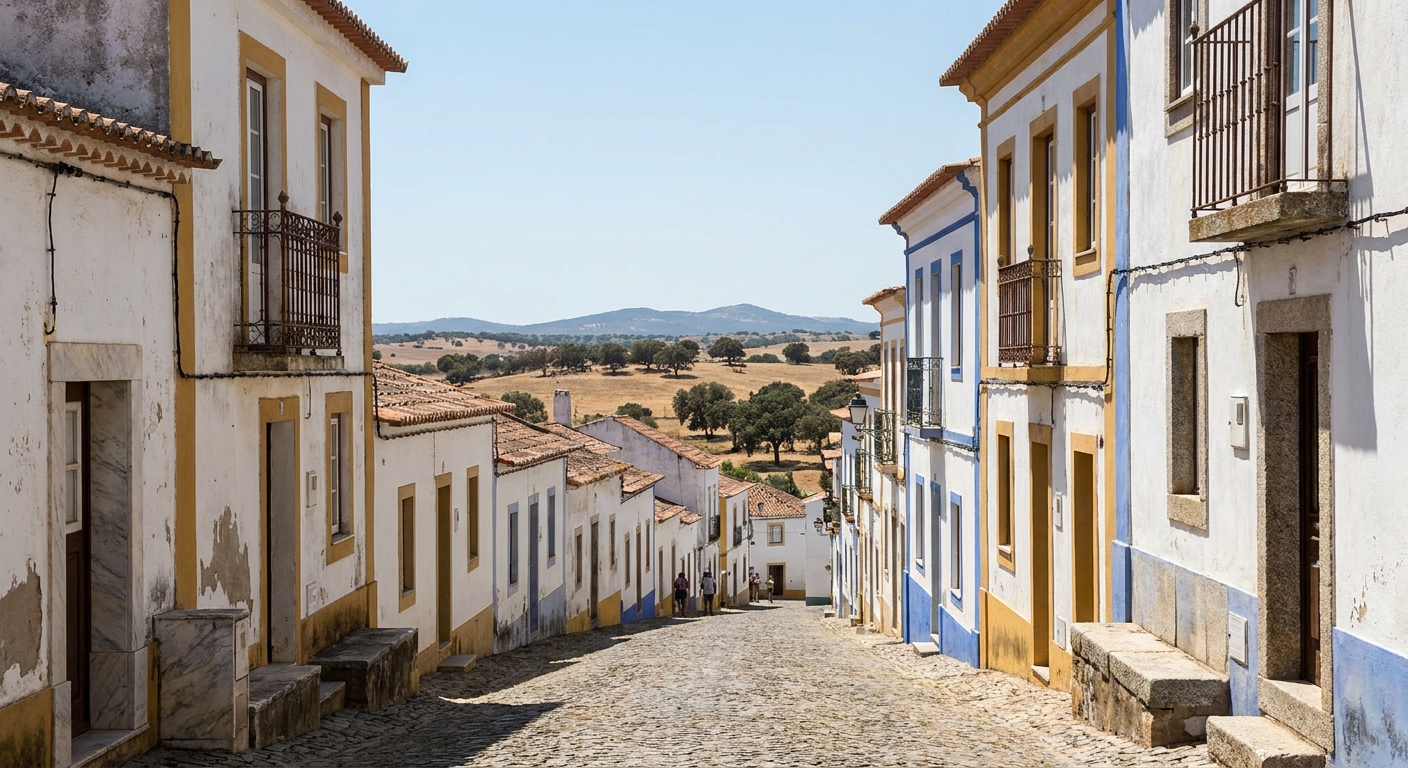 Whitewashed houses with wrought-iron balconies along a narrow street in the walled center of Évora