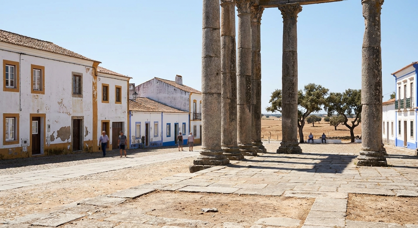 Roman columns of the Temple of Diana standing on a paved square in Évora