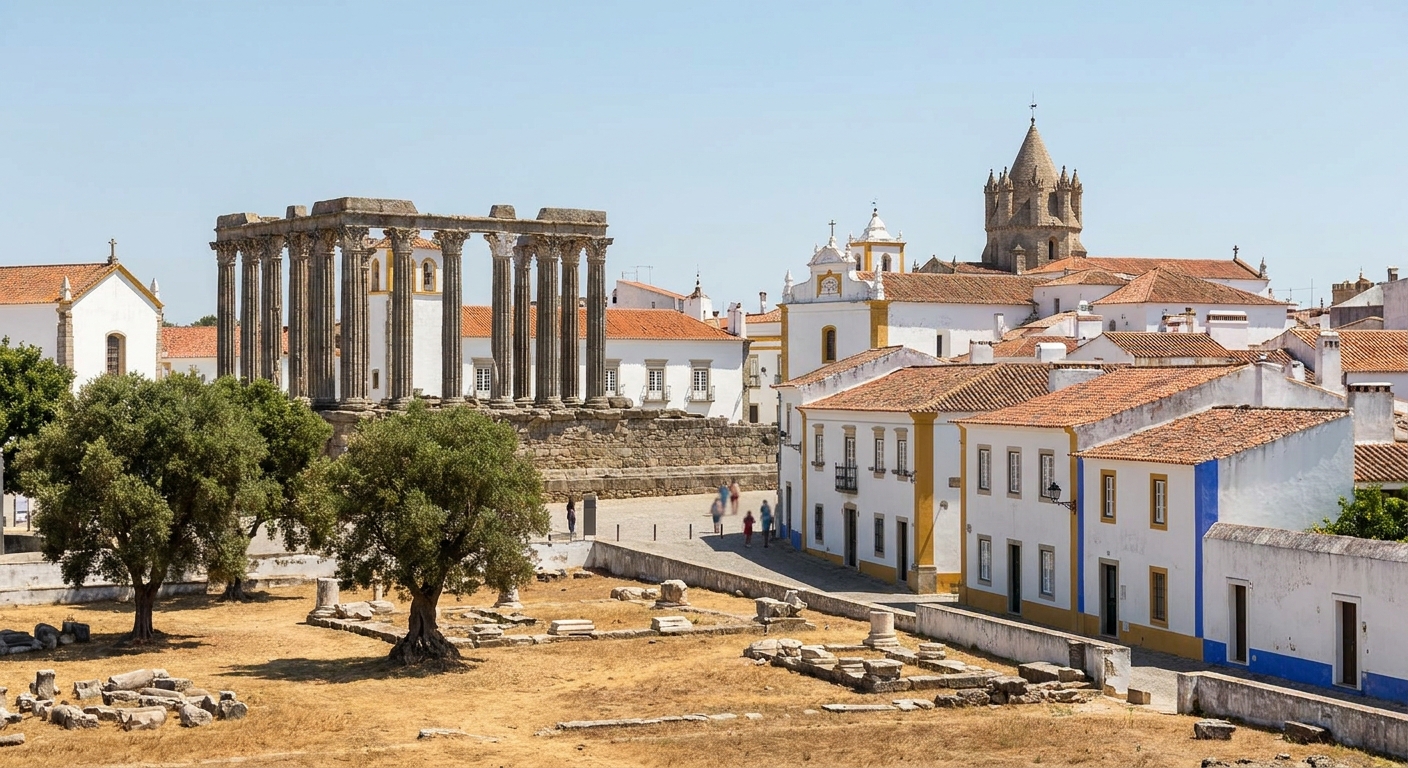 The Roman temple of Évora with whitewashed rooftops of the walled old town behind it under a clear sky