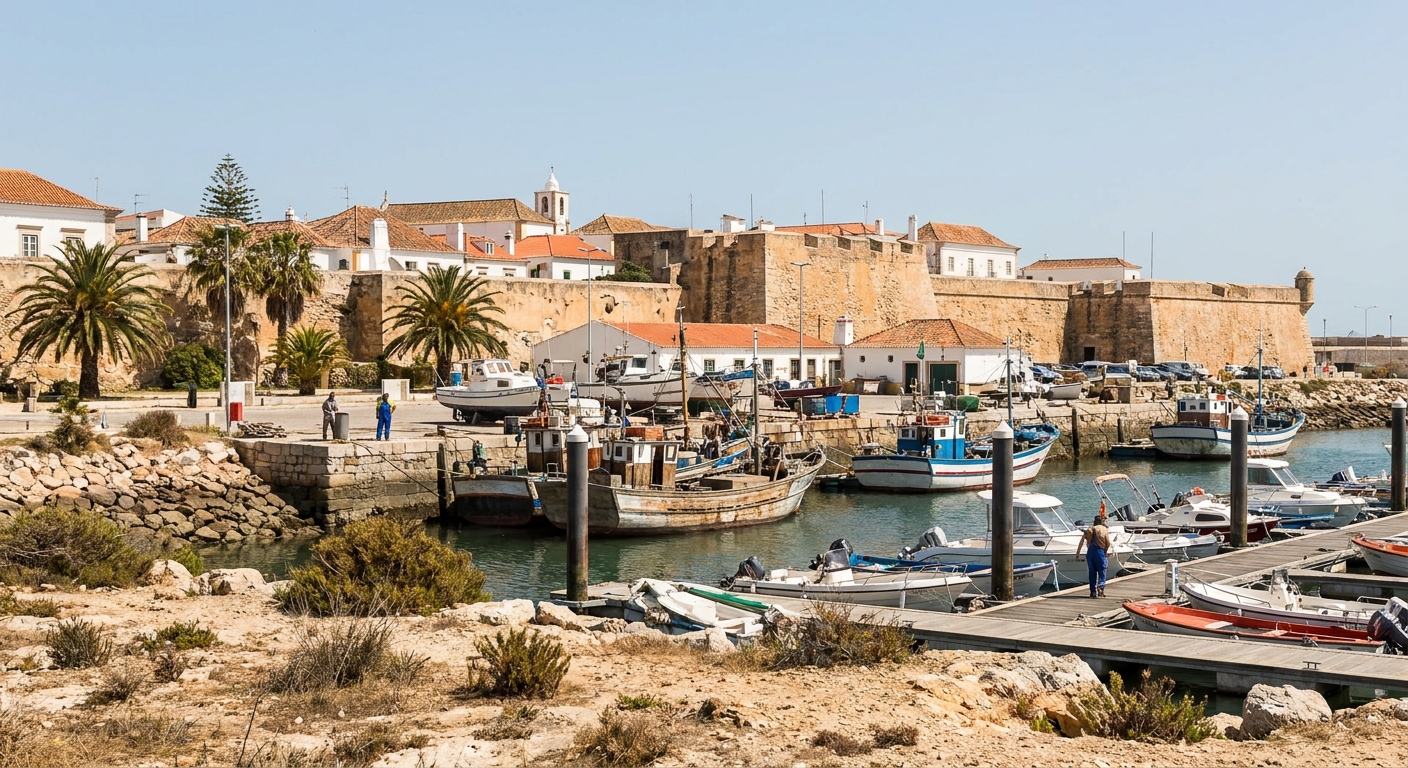 Fishing boats and a small marina in front of the walled old town of Faro under a clear spring sky