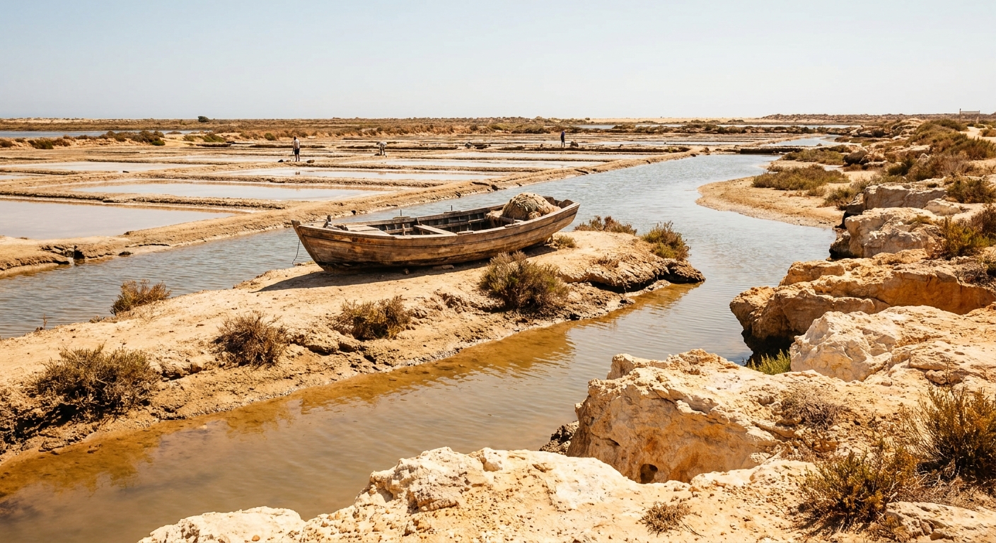 Shallow channels and salt pans of the Ria Formosa lagoon with a small wooden boat and low sandbanks