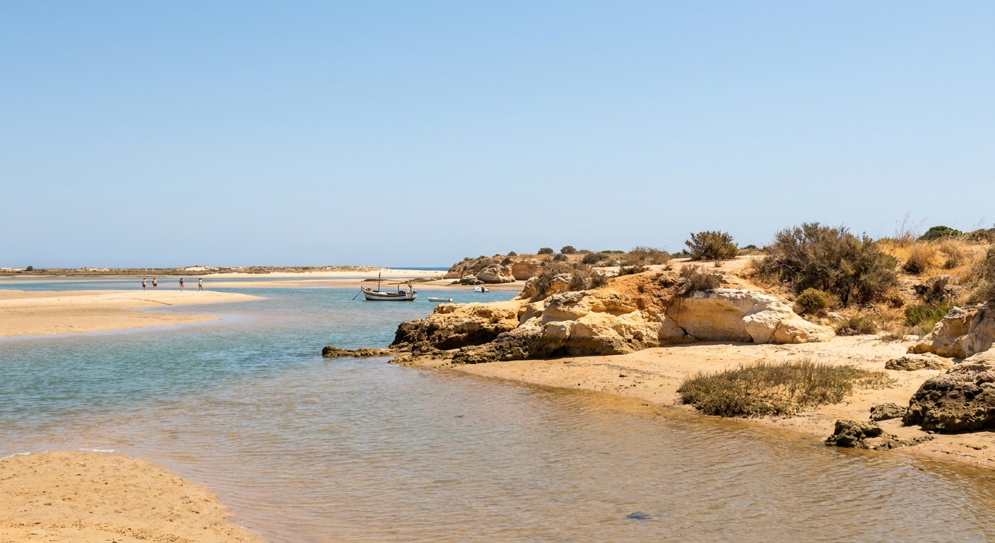 Sandbanks and shallow tidal channels of the Ria Formosa lagoon behind Faro under a clear sky