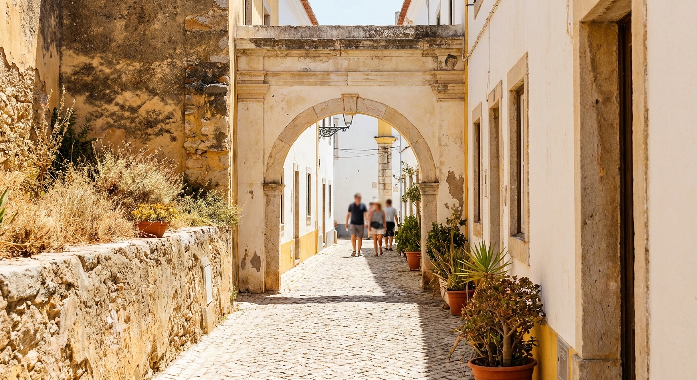 A narrow whitewashed lane inside Faro's walled old town with an arched stone gateway at the end