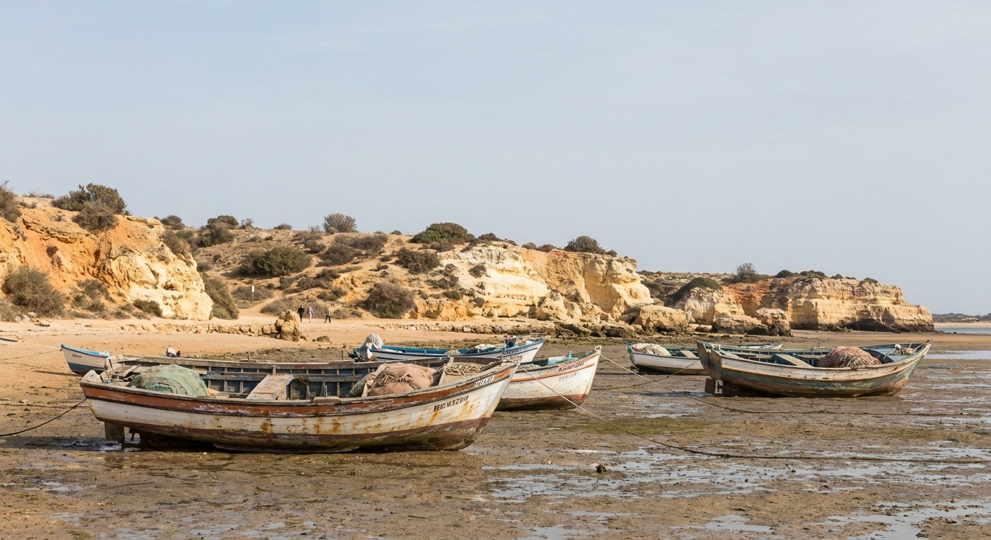 Small fishing boats moored on the Ria Formosa lagoon at low tide under a pale winter sky