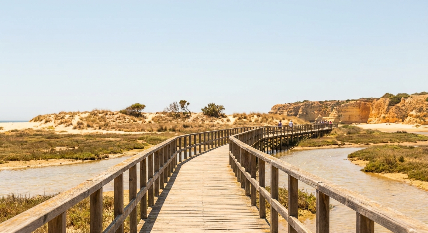 A wooden boardwalk crossing salt marsh toward a low barrier island with sand and dune grass