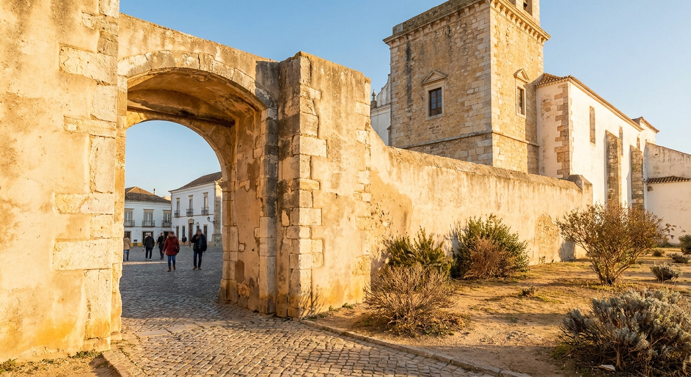 Stone gateway and cathedral square of Faro's walled old town under low winter sun