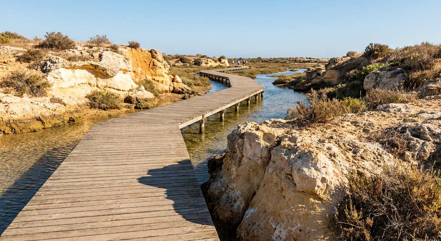 Wooden boardwalk crossing salt marsh and tidal channels in the Ria Formosa lagoon near Faro