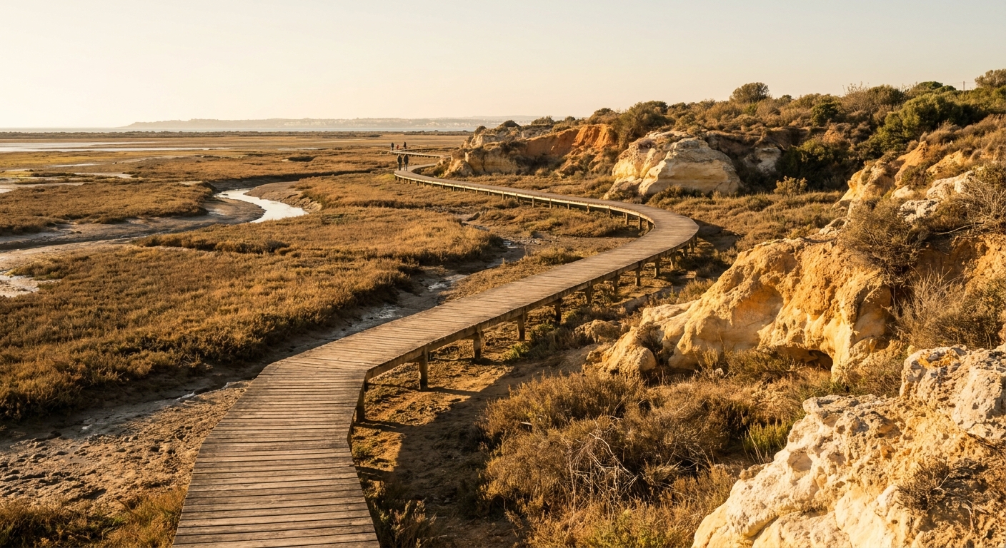 Wooden boardwalk crossing salt marsh channels in the Ria Formosa lagoon under low winter sun