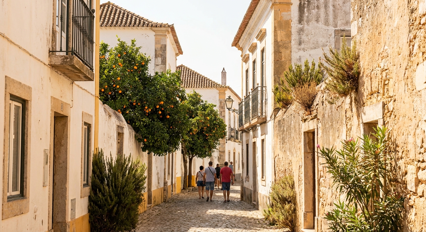 Narrow cobbled lane inside the walled old town of Faro with whitewashed houses and orange trees