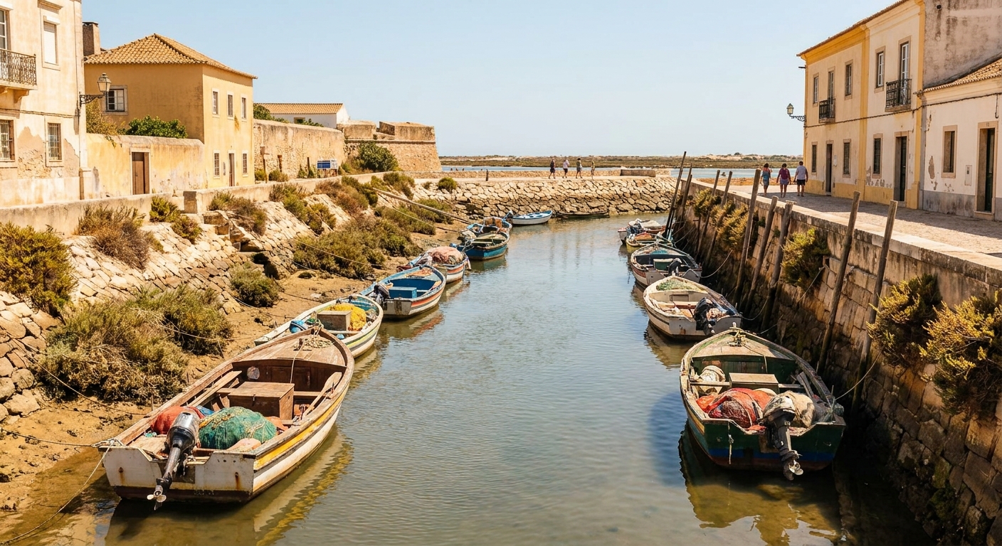 Small fishing boats moored in a lagoon channel beside the waterfront of Faro under a clear summer sky