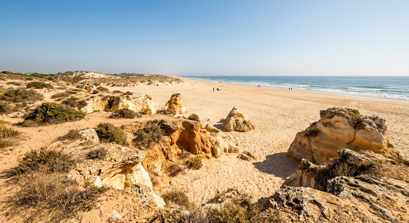 A low sandbar beach on a barrier island off Faro with dunes and open Atlantic water behind