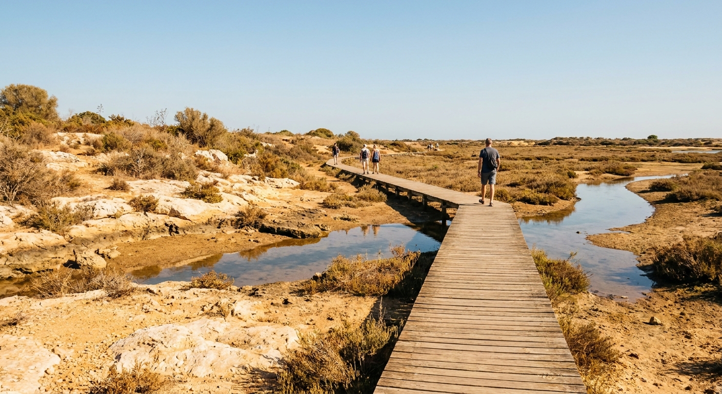 Wooden boardwalk crossing salt marsh and tidal channels of the Ria Formosa lagoon near Faro
