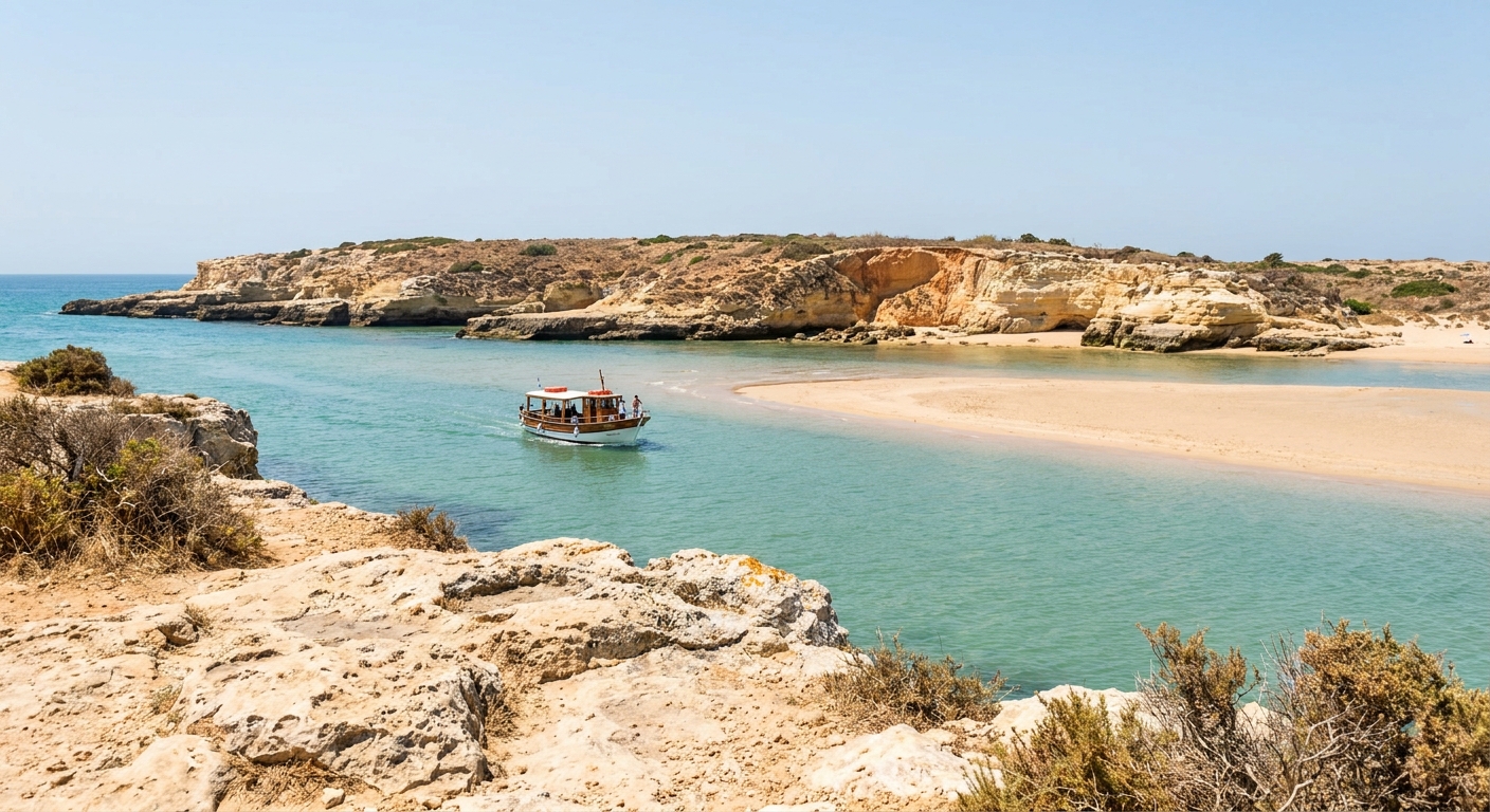 Sandbar and shallow channel at a barrier island beach off Faro with a small passenger boat approaching