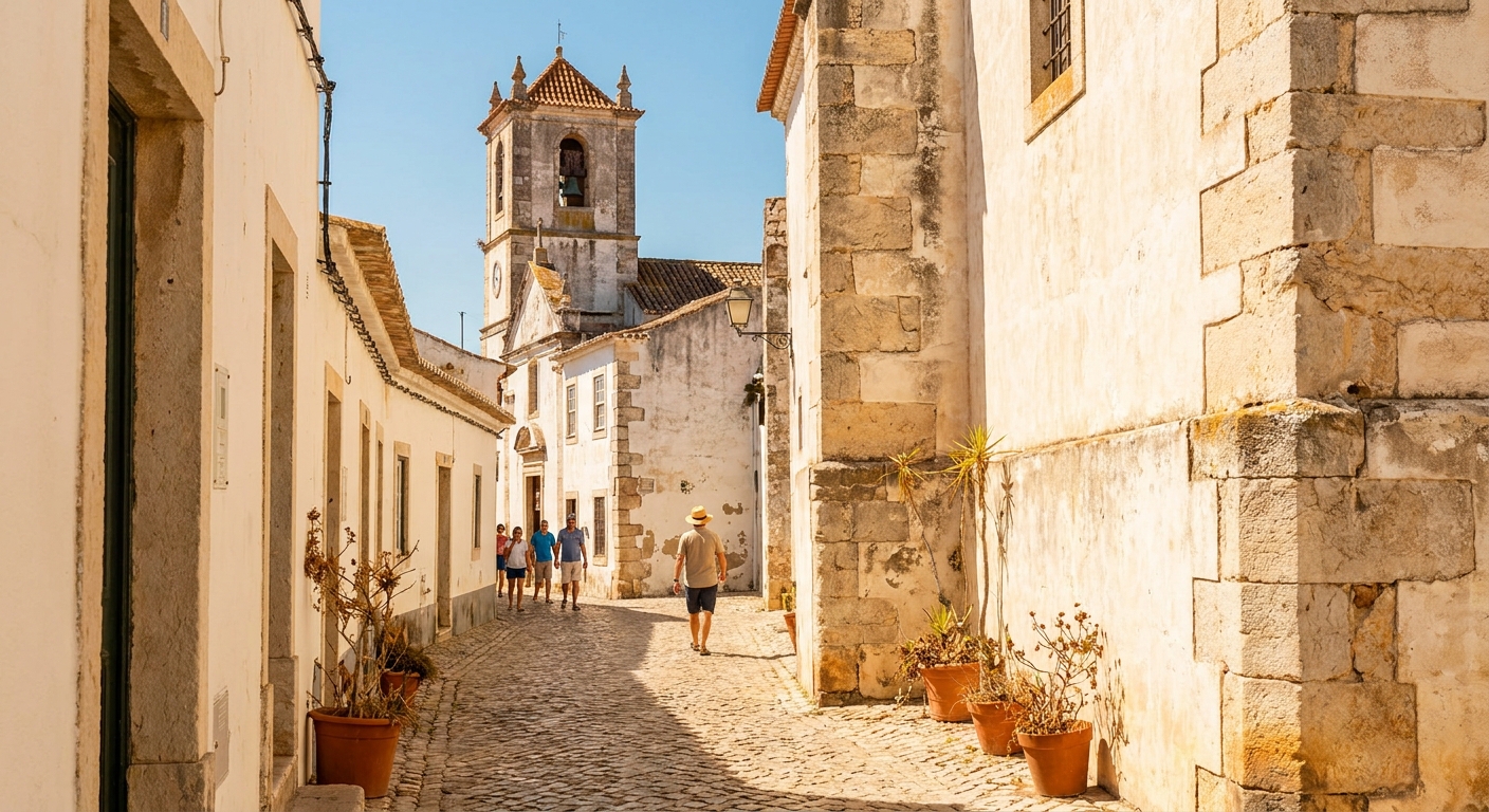 Whitewashed lanes and a bell tower inside the walled old town of Faro under spring sunshine