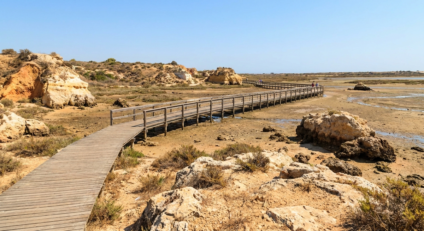 Wooden boardwalk crossing tidal flats and salt marsh in the Ria Formosa lagoon near Faro