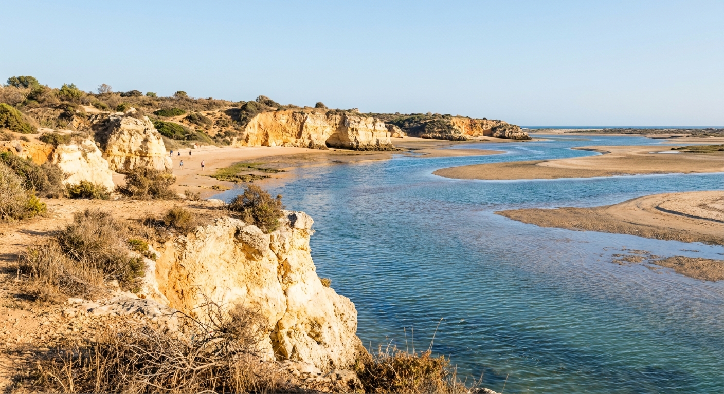 Sandbanks and tidal channels of the Ria Formosa lagoon near Faro under clear spring light