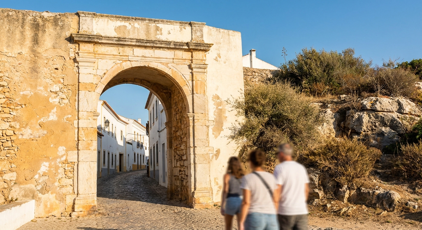 The arched stone gateway of Faro's walled old town with white buildings behind it