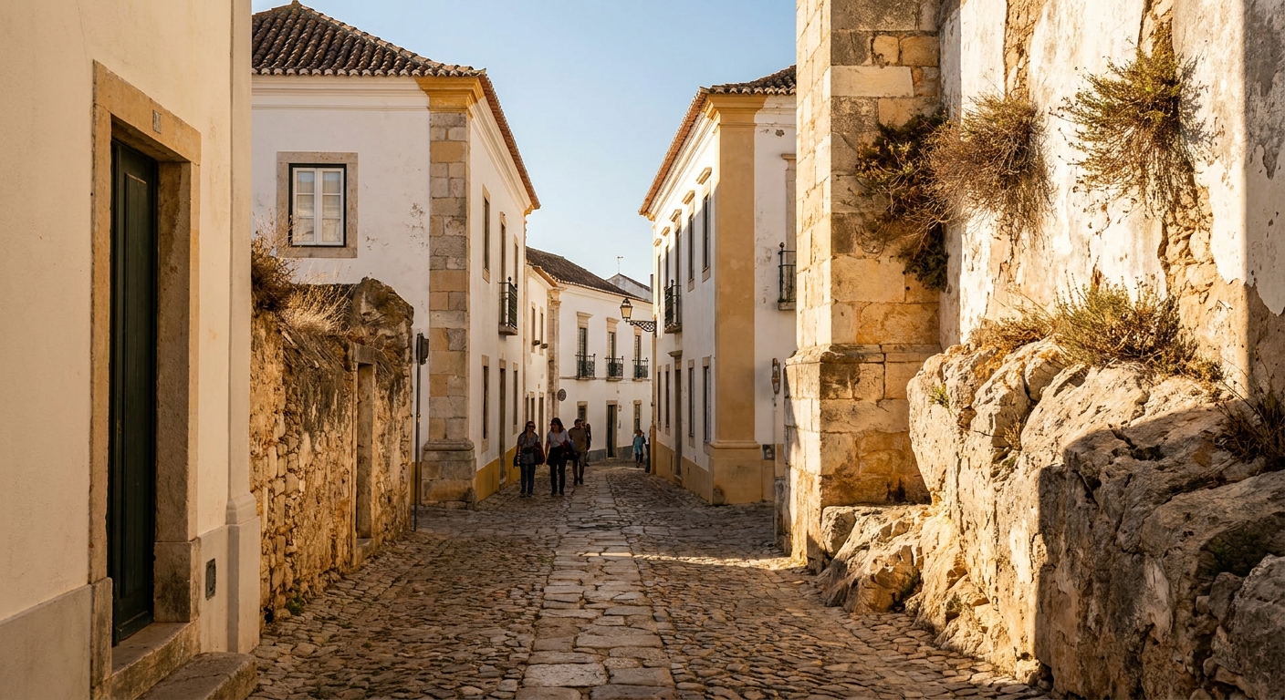 Cobbled lane and whitewashed houses inside the old city walls of Faro under low autumn sun