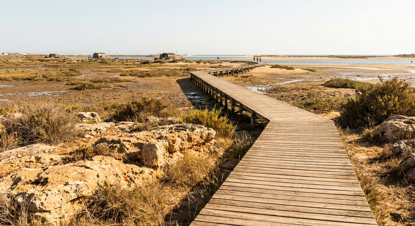 Wooden boardwalk crossing salt marsh and tidal channels in the Ria Formosa lagoon near Faro