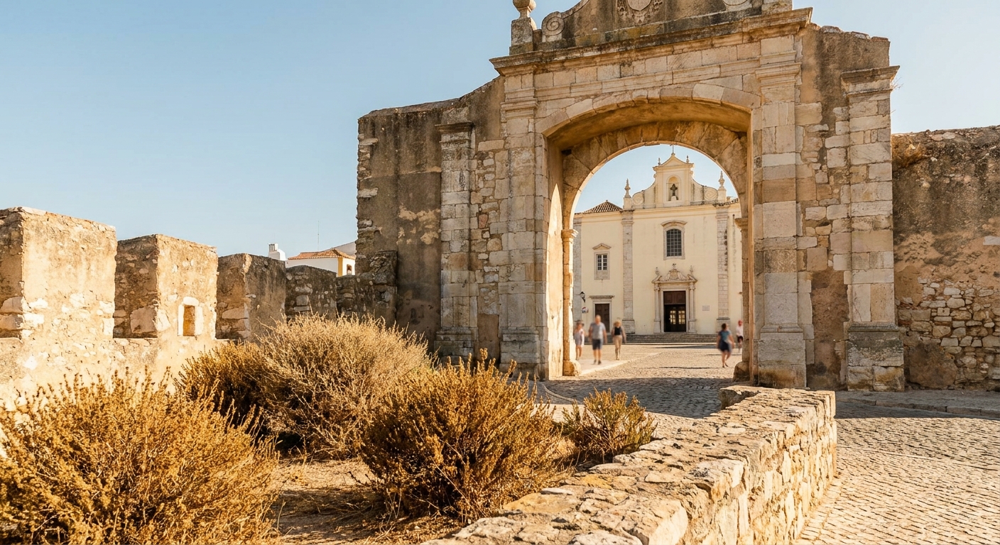 A stone gate and cathedral square in Faro's walled old town under clear autumn light