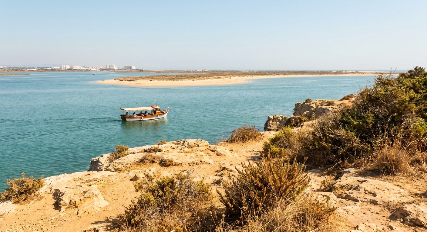 A small passenger ferry crossing the calm Ria Formosa lagoon toward a low sandbar island near Faro