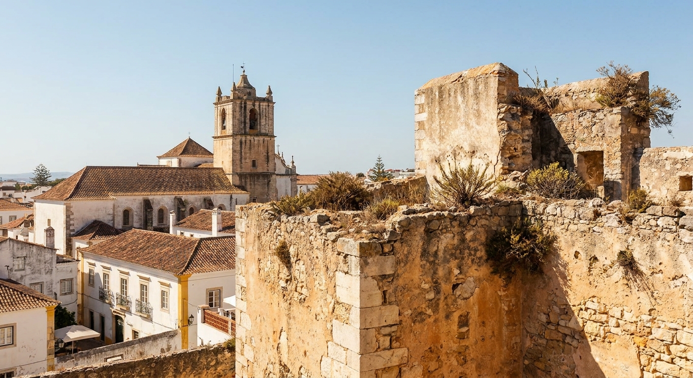 Faro's old town walls and cathedral bell tower above orange rooftops under a clear sky