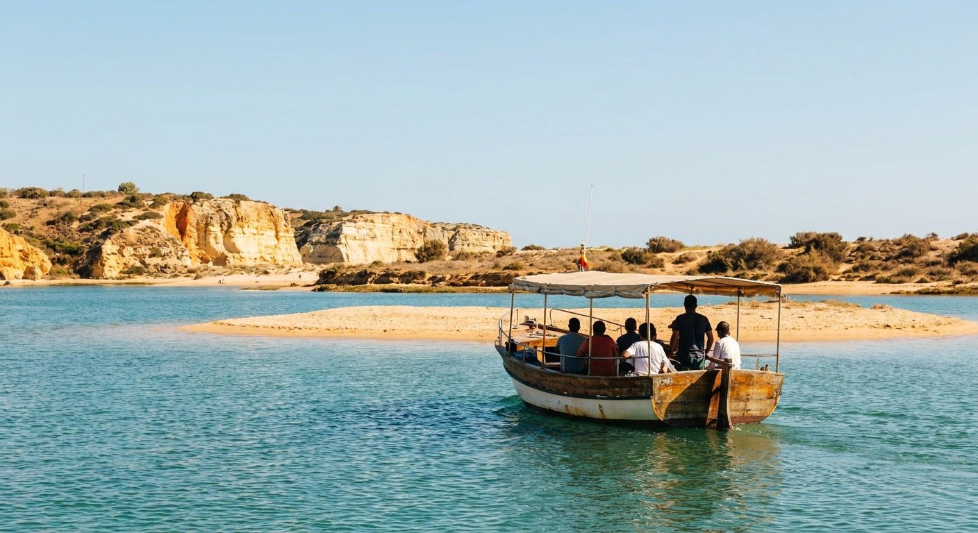 A small passenger boat crossing calm lagoon water toward a low sand island