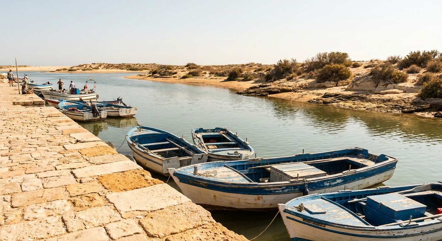 Small ferry boats moored at a quay beside a lagoon channel with low sandbanks behind
