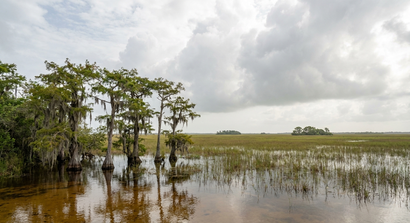 Cypress trees standing in shallow water under a wide open sky in a South Florida preserve