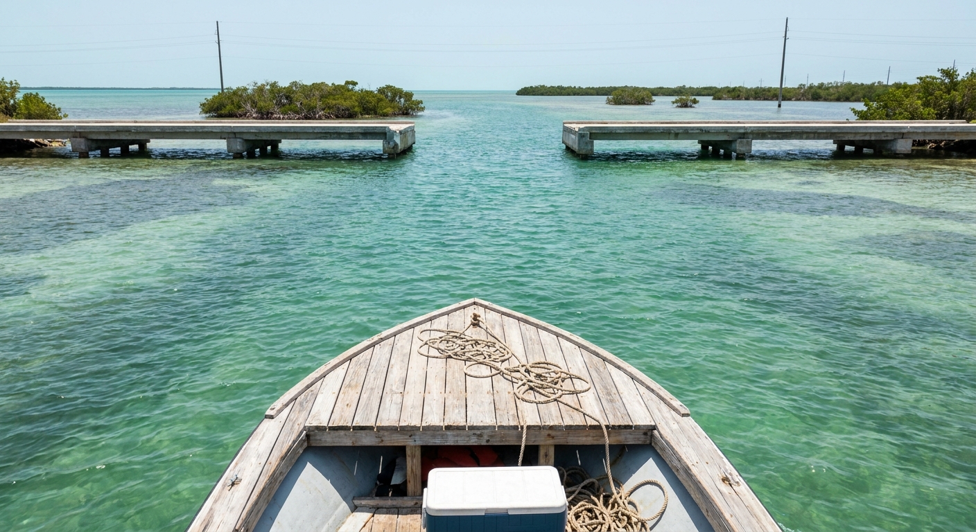 Shallow turquoise water and low green mangrove islands seen from the deck of a small boat