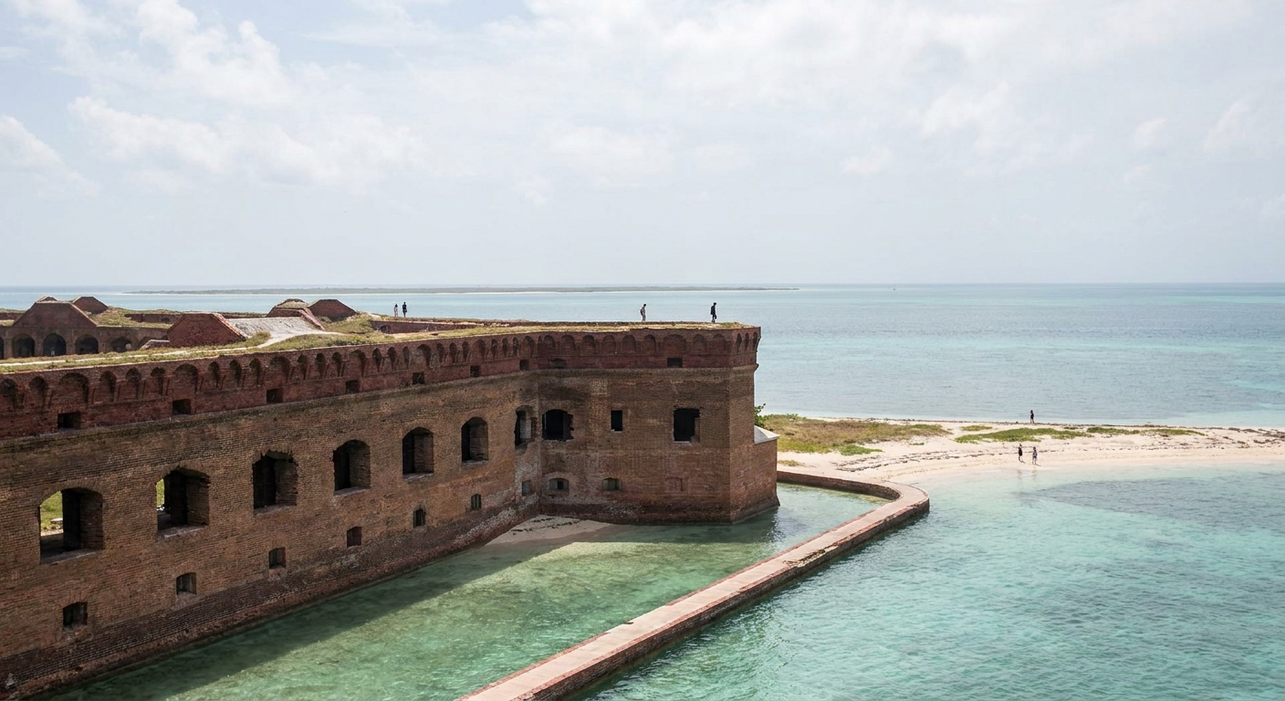 A hexagonal brick fort surrounded by shallow turquoise water on a small flat island