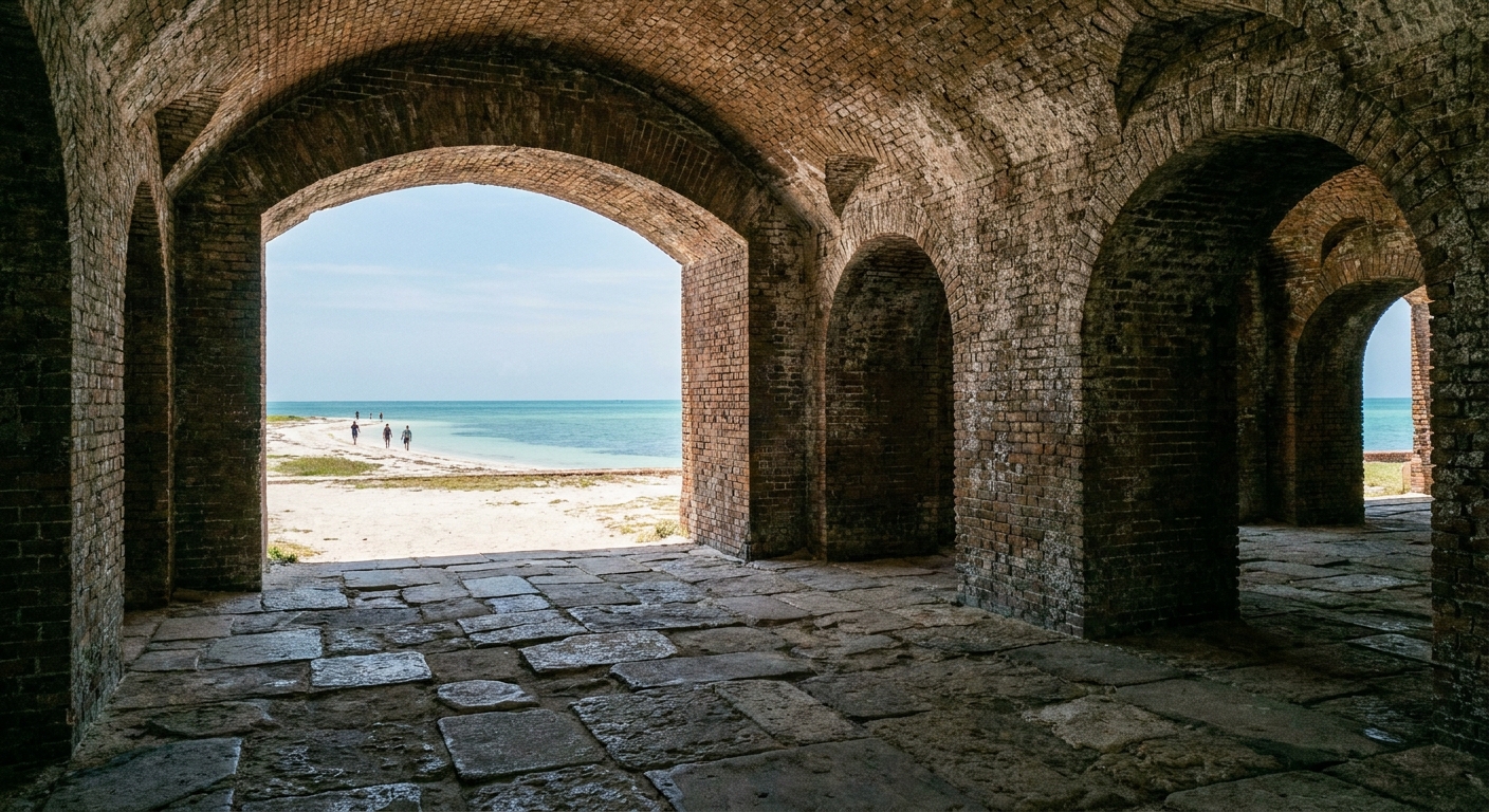 Brick arches and casemates inside a 19th-century coastal fort, with uneven stone flooring