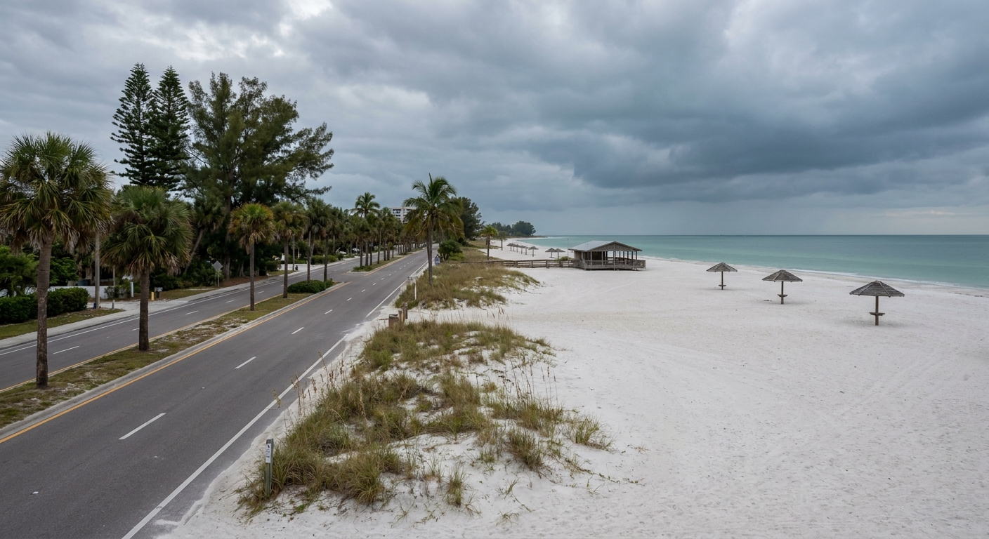 Palm trees along an empty coastal road under heavy gray clouds in late summer
